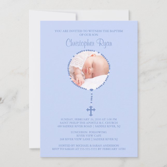 BLUE Rosary Cross Photo Baptism Inviation BOY Invitation (Front)