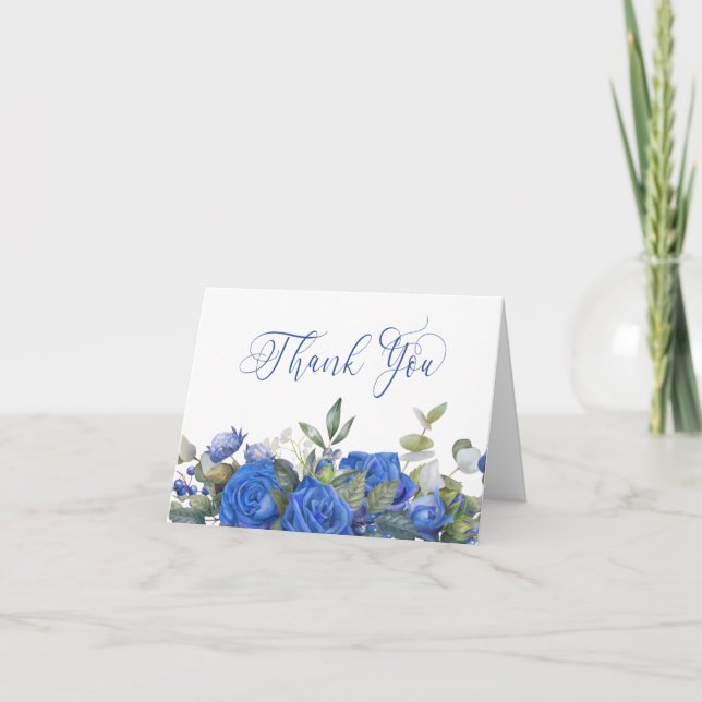 Blue Rose and Eucalyptus Elegant Calligraphy Thank You Card (Front)