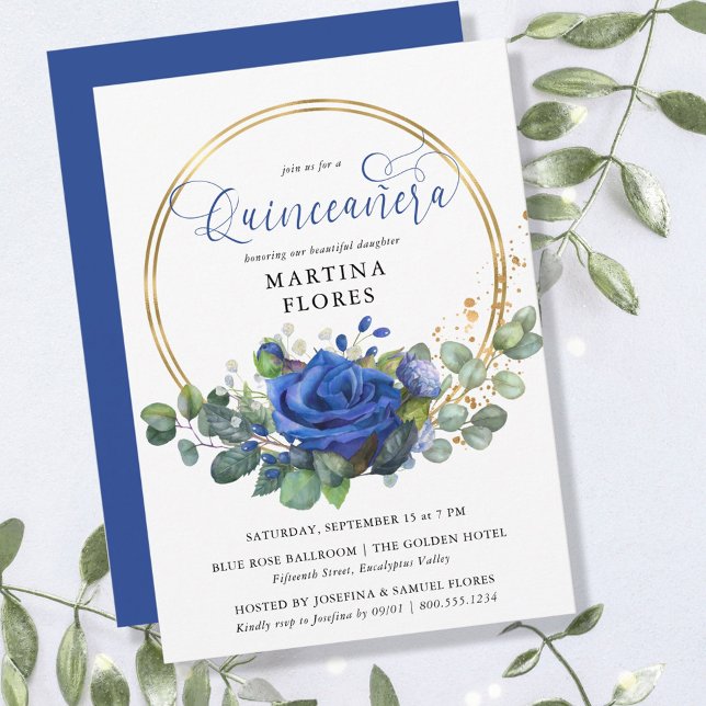 Blue Rose and Eucalyptus Elegant Quinceanera Invitation (Creator Uploaded)
