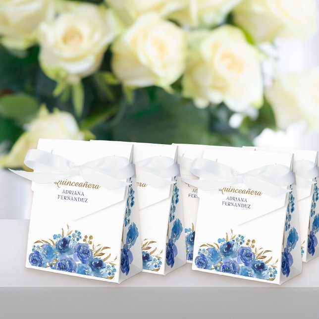 Blue Rose and Gold Leaf Personalised Floral Favour Box (Blue rose floral favor boxes from my Rose and Gold Leaf quinceanera collection)