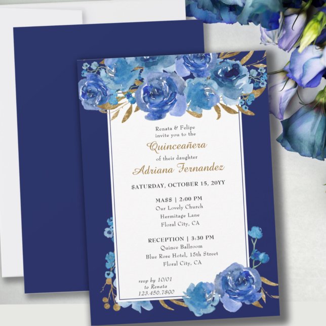 Blue Rose and Gold Leaf Quinceanera and Mass Invitation (Creator Uploaded)