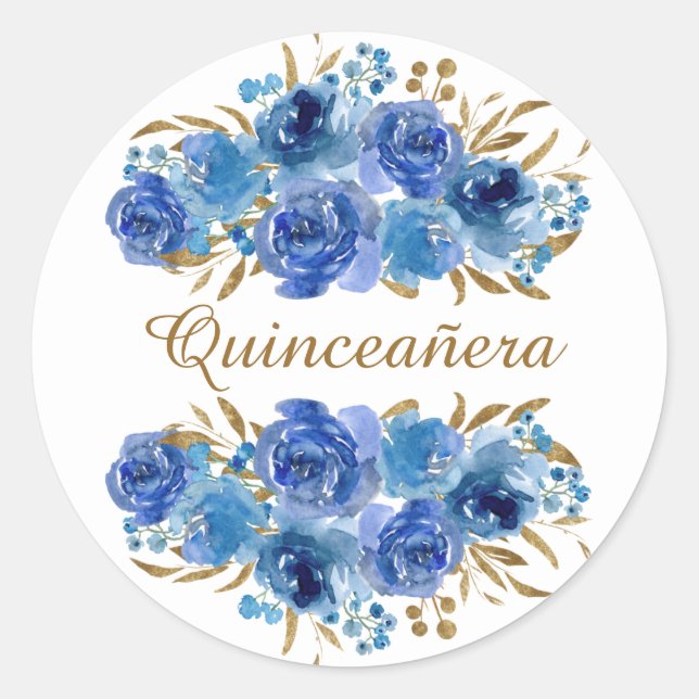 Blue Rose and Gold Leaf Quinceanera Classic Round Sticker (Front)