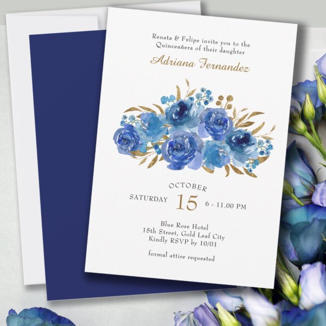 Blue Rose and Gold Leaf Quinceanera Invitation (Creator Uploaded)