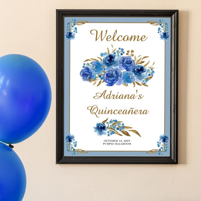 Blue Rose and Gold Leaf Quinceanera Welcome Poster (Printable Welcome Poster from my Rose and Gold Leaf quinceanera collection)