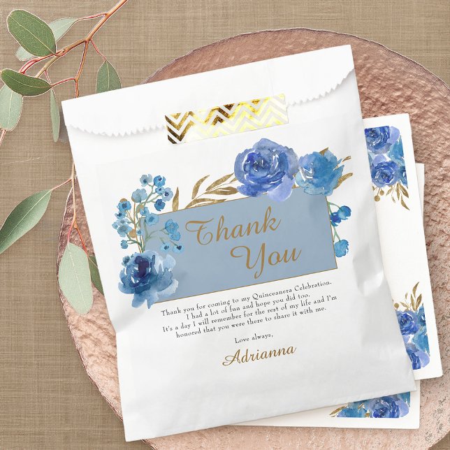 Blue Rose and Gold Leaf Thank You Party Favour Bag (Blue roses favor bags from my Rose and Gold Leaf quinceanera collection)