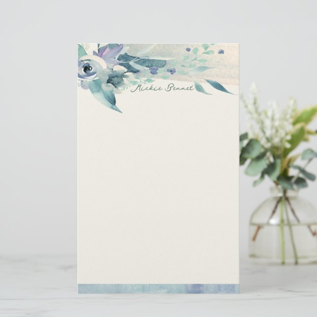Blue Rose and Teal Personalised Stationery (Standing Front)