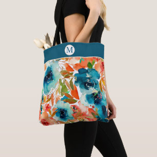 Blue Rose Autumn Floral Monogram Tote Bag