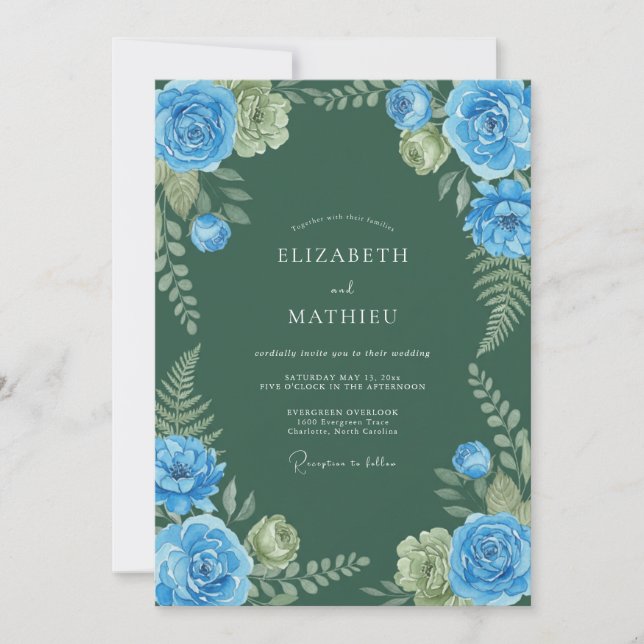Blue Rose Botanical Embrace Wedding Invitation (Front)