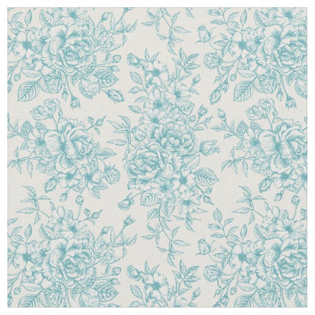 Blue Rose Bouquet Garden Floral Pattern Fabric (Close Up)