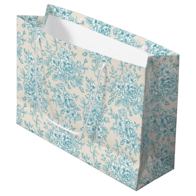 Blue Rose Bouquet Garden Floral Pattern Large Gift Bag (Front Angled)