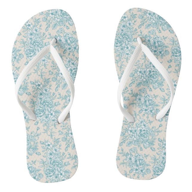 Blue Rose Bouquet Garden Floral Pattern Thongs (Footbed)
