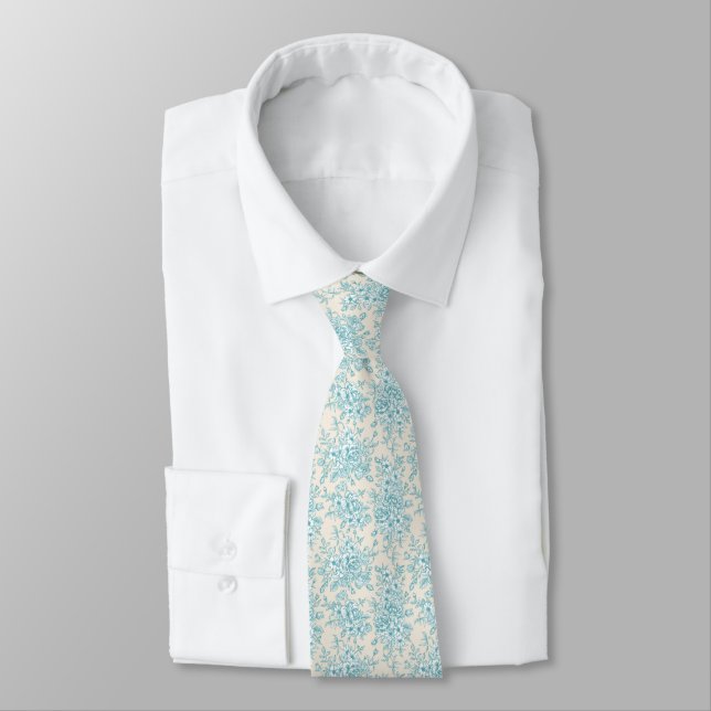 Blue Rose Bouquet Garden Floral Pattern Tie (Tied)