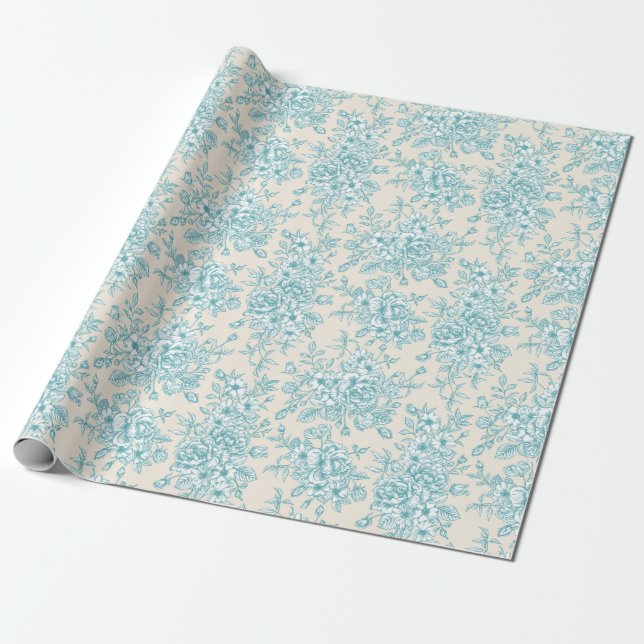 Blue Rose Bouquet Garden Floral Pattern Wrapping Paper (Unrolled)