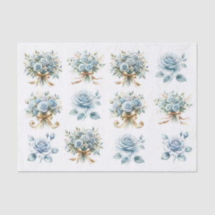 Blue Rose Bouquet Gold Ribbon Ephemera Decoupage Tissue Paper