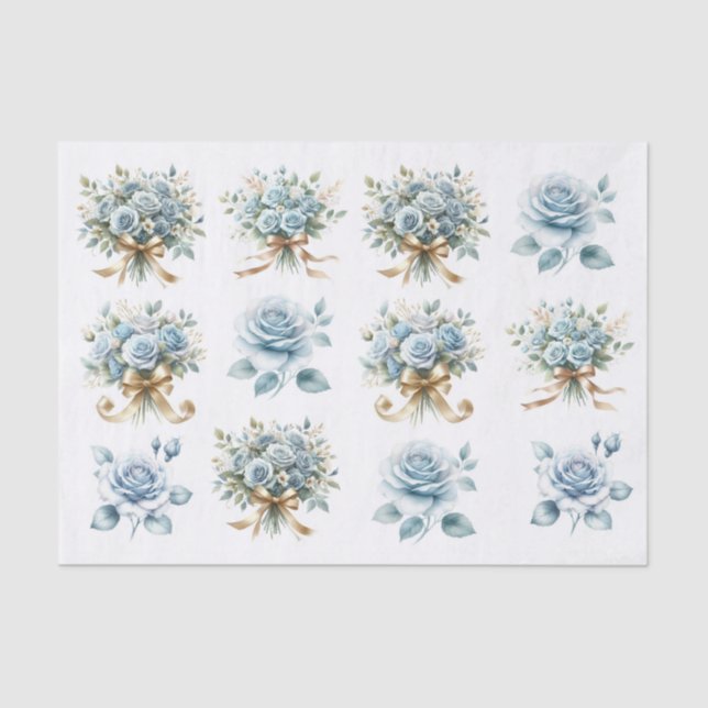 Blue Rose Bouquet Gold Ribbon Ephemera Decoupage Tissue Paper (Front)