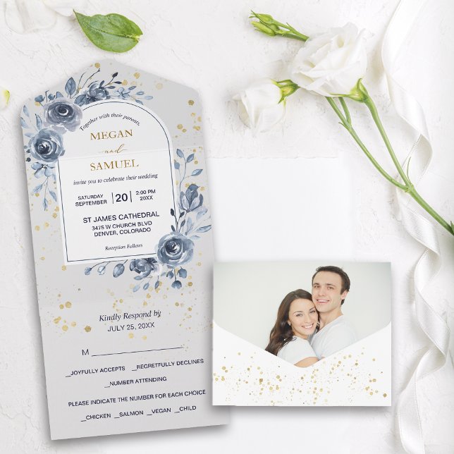 Blue Rose Bouquet Photo Wedding All In One Invitation (Creator Uploaded)