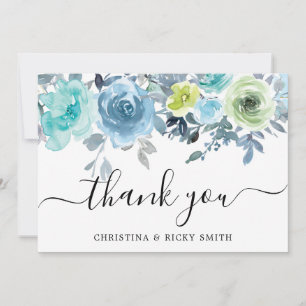 Blue Rose Bouquet Watercolor Flowers Wedding Thank You Card