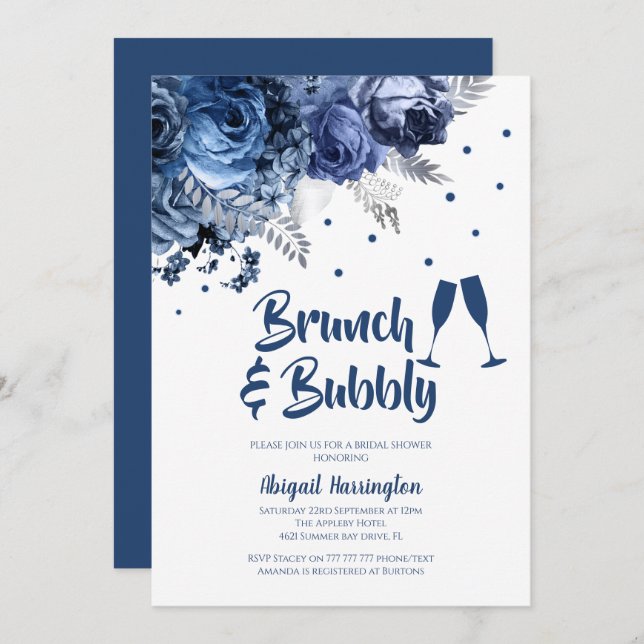 Blue Rose Brunch & Bubbly Bridal Shower Invitation (Front/Back)