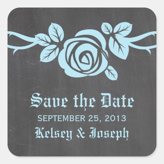 Blue Rose Chalkboard Save the Date Stickers (Front)