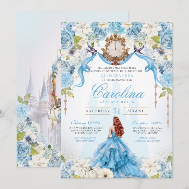 Blue Rose Cinderella Royal Princess Quinceanera Invitation (Front/Back)