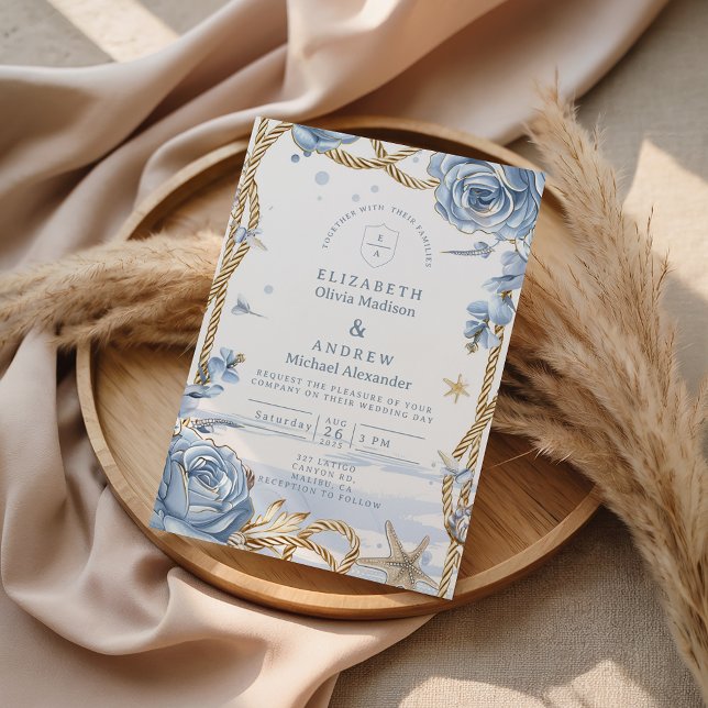 Blue Rose Coastal Rope Wedding Invitation (Creator Uploaded)