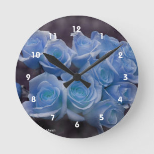 Blue Rose colourized bouquet spotted background Round Clock