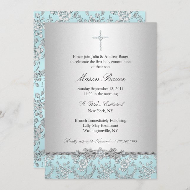 Blue Rose & Cross Baptism/Christening Invitation (Front/Back)