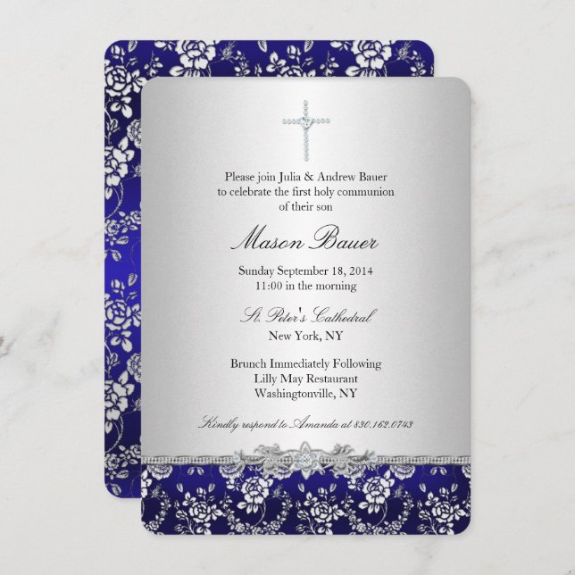 Blue Rose & Cross Baptism/Christening Invitation (Front/Back)