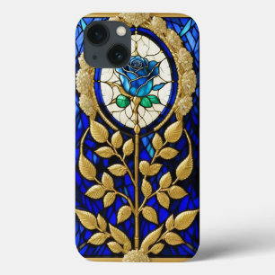 Blue Rose Design in Stained Glass iPhone 13 Case