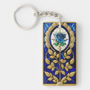 Blue Rose Design in Stained Glass Key Ring