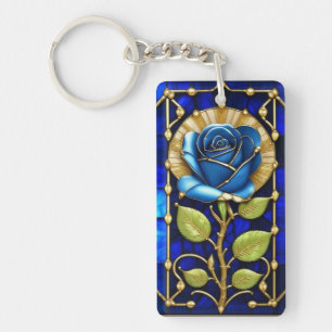 Blue Rose Design in Stained Glass Key Ring