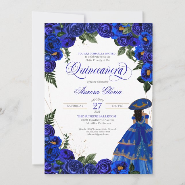 Blue Rose Elegant Charro Dress Floral Quinceanera  Invitation (Front)