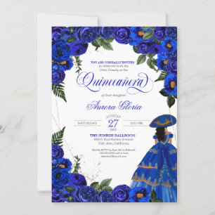 Blue Rose Elegant Charro Dress Floral Quinceanera  Invitation
