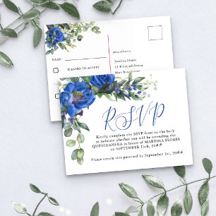 Blue Rose Elegant Quinceanera Pre-Addressed RSVP Postcard