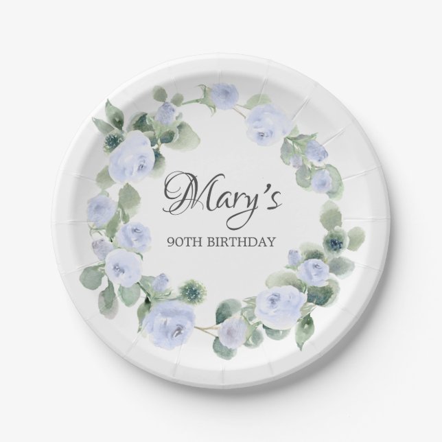 Blue Rose Eucalyptus 90TH Birthday Paper Plate (Front)