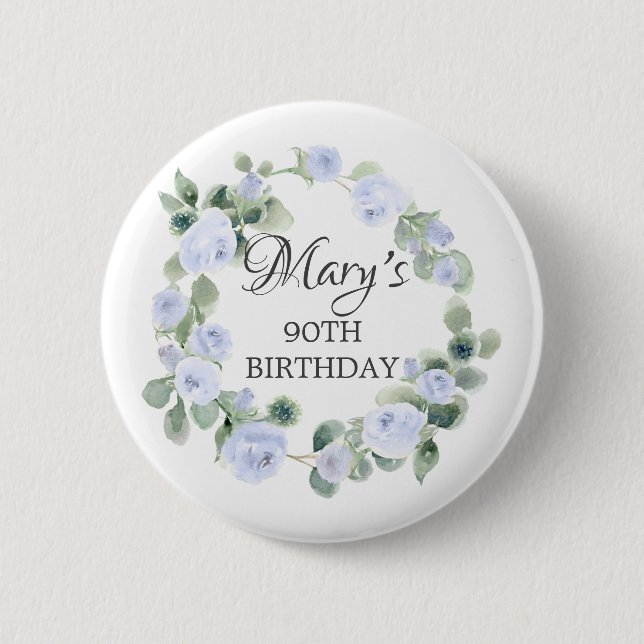 Blue Rose Eucalyptus Botanical 90th Birthday 6 Cm Round Badge (Front)