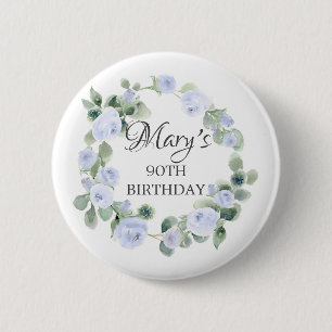 Blue Rose Eucalyptus Botanical 90th Birthday 6 Cm Round Badge