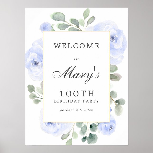 Blue Rose Floral 100th Birthday Welcome Sign (Front)