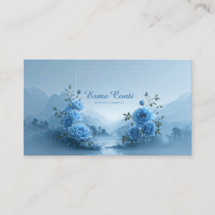 Blue Rose Floral and Misty Mountain Lake Business Card