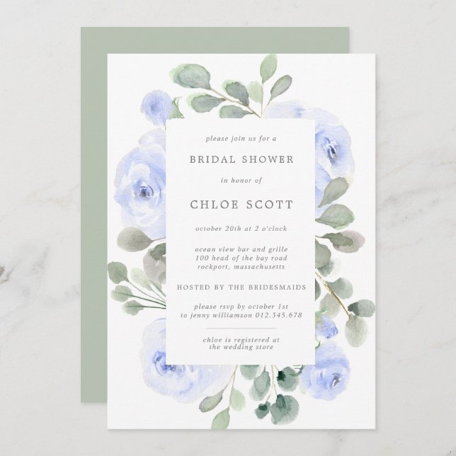 Blue Rose Floral Botanical Bridal Shower Invitation (Front/Back)