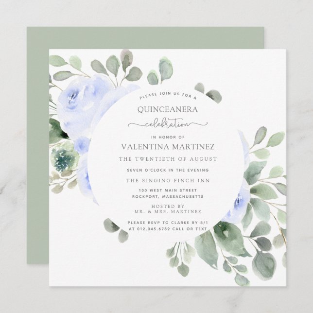 Blue Rose Floral Botanical Quinceanera Invitation (Front/Back)