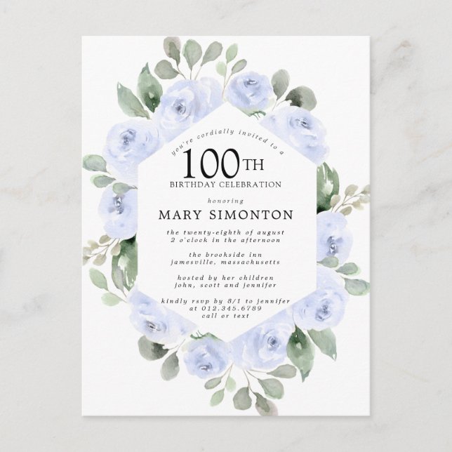 Blue Rose Floral Eucalyptus 100th Birthday Invitation Postcard (Front)