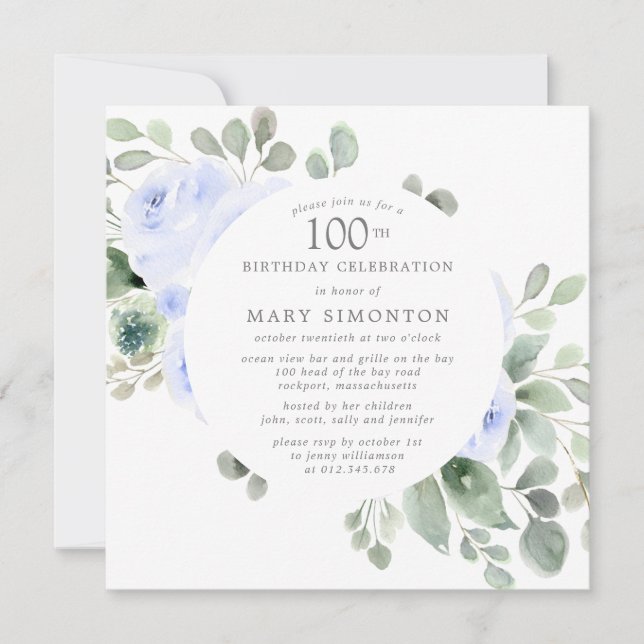 Blue Rose Floral Eucalyptus 100th Birthday Party Invitation (Front)