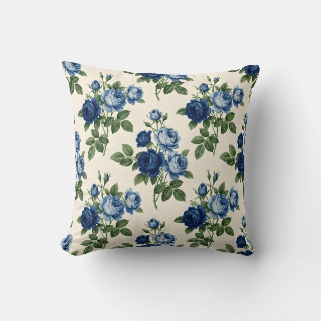 Blue Rose Floral Pattern Cushion (Front)