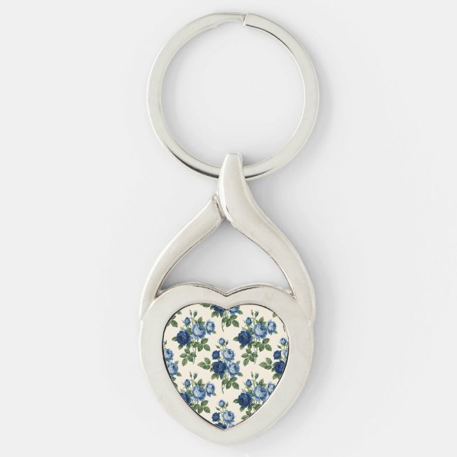 Blue Rose Floral Pattern Key Ring (Front)