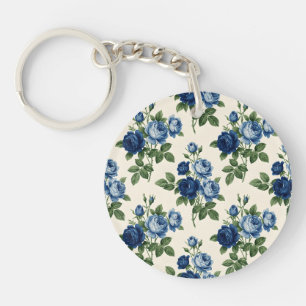 Blue Rose Floral Pattern Key Ring