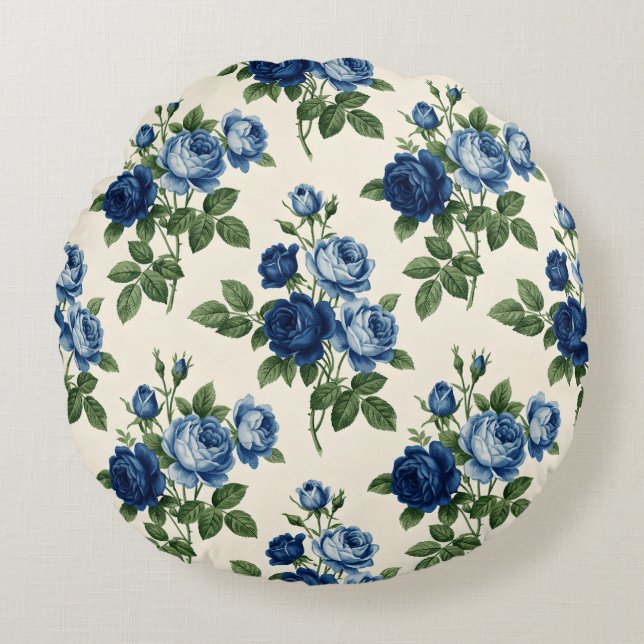 Blue Rose Floral Pattern Round Cushion (Front)