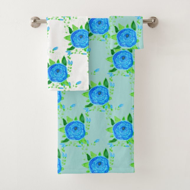 Blue Rose Flowered With Teal Bath Towel Set (Insitu)