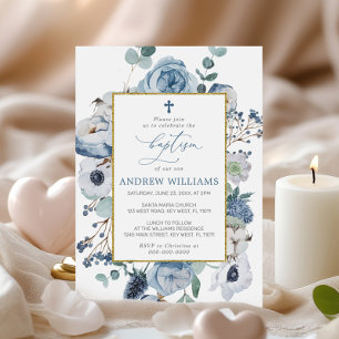 Blue Rose Flowers Baptism Invitation