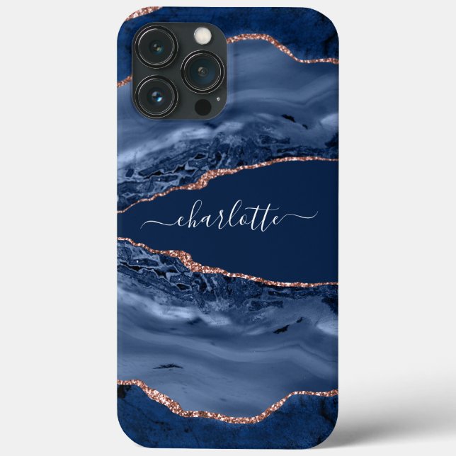 Blue rose gold agate marble name script Case-Mate iPhone case (Back)